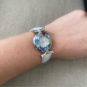 Italian Murano Glass Millefiori Watch With White Leather Band